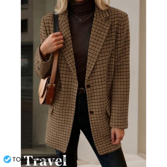 Plaid Houndstooth Wool Blazer Loose Fit Business Casual Elegant Suit Jacket - Picture 4 of 7